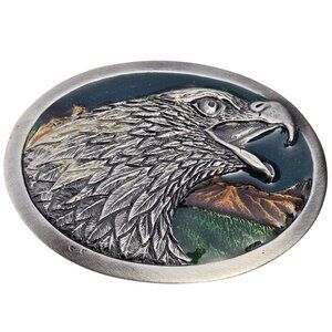 Eagle Belt Buckle Vintage 1986 Tandy Country Western Wear Silver Green Cowboy